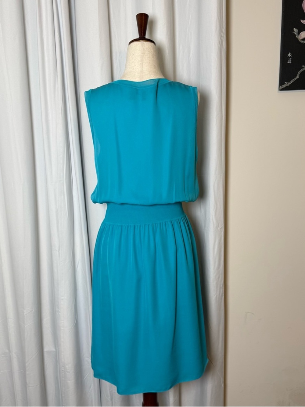 Theory 100% Silk Dress Teal Aqua Blouson Elastic Waist Sleeveless Medium - Picture 3 of 11